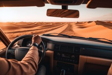 Car driving through the desert in Dubai, showcasing how to protect your vehicle in harsh climates.