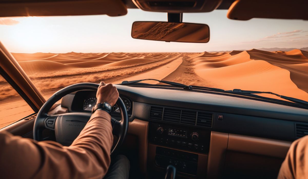 Car driving through the desert in Dubai, showcasing how to protect your vehicle in harsh climates.