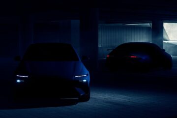 Dark teaser image of the 2026 Hyundai Ioniq 6 N showing front and rear silhouettes with aggressive lighting and performance styling.