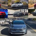 Collage of seven 2025 hybrid cars under $40K including sedans and SUVs rated at 45 MPG or higher