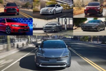 Collage of seven 2025 hybrid cars under $40K including sedans and SUVs rated at 45 MPG or higher