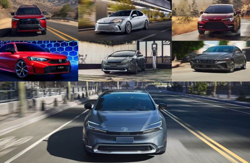 Collage of seven 2025 hybrid cars under $40K including sedans and SUVs rated at 45 MPG or higher