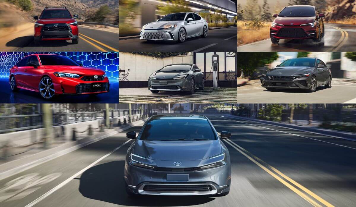 Collage of seven 2025 hybrid cars under $40K including sedans and SUVs rated at 45 MPG or higher