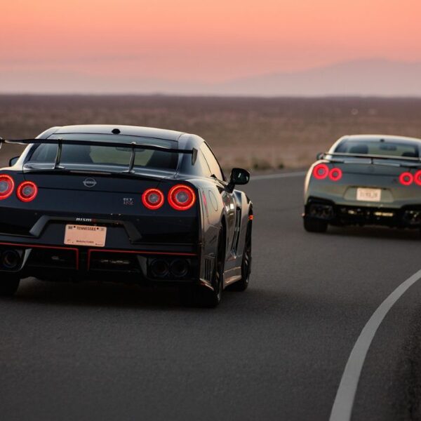 The last Nissan R35 GT-R in Midnight Purple exiting the Tochigi assembly line, marking the end of 18 years of production.